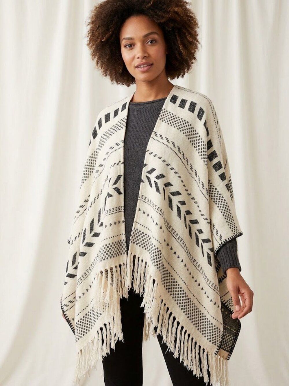 Boho Southwestern Woven Fringe Open Front Shawl Poncho Cape Top One Size Boho